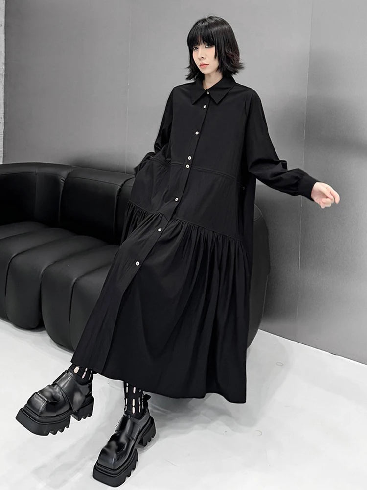 XITAO Shirring Pocket Patchwork Dress Solid Color Turn-down Collar Single Breasted Loose Slimming All Amtch Shirt Dress GMM1225