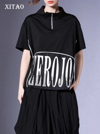 XITAO Letter Zipper Patchwork Stand Collar T-shirts Solid Color Pullover Short Sleeve Loose Casual Tops New ZY8796