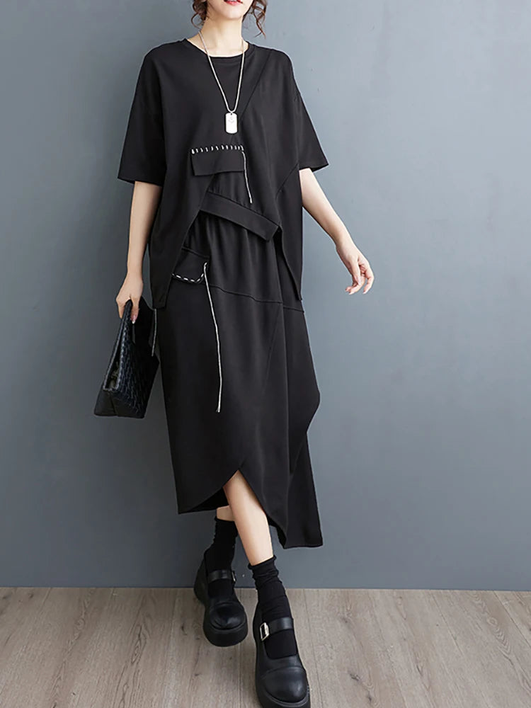 XITAO Asymmetrical Patchwork O-neck Dress Sets Short Sleeve Pullover Tops Elastic Waist Mid-calf Skirt 2024 Summer New ZY8756