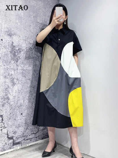 XITAO Contrast Color Loose Dress Women Female Temperament 2024 Summer New Arrival O-neck Casual Fashion Elegant Dress ZY8451