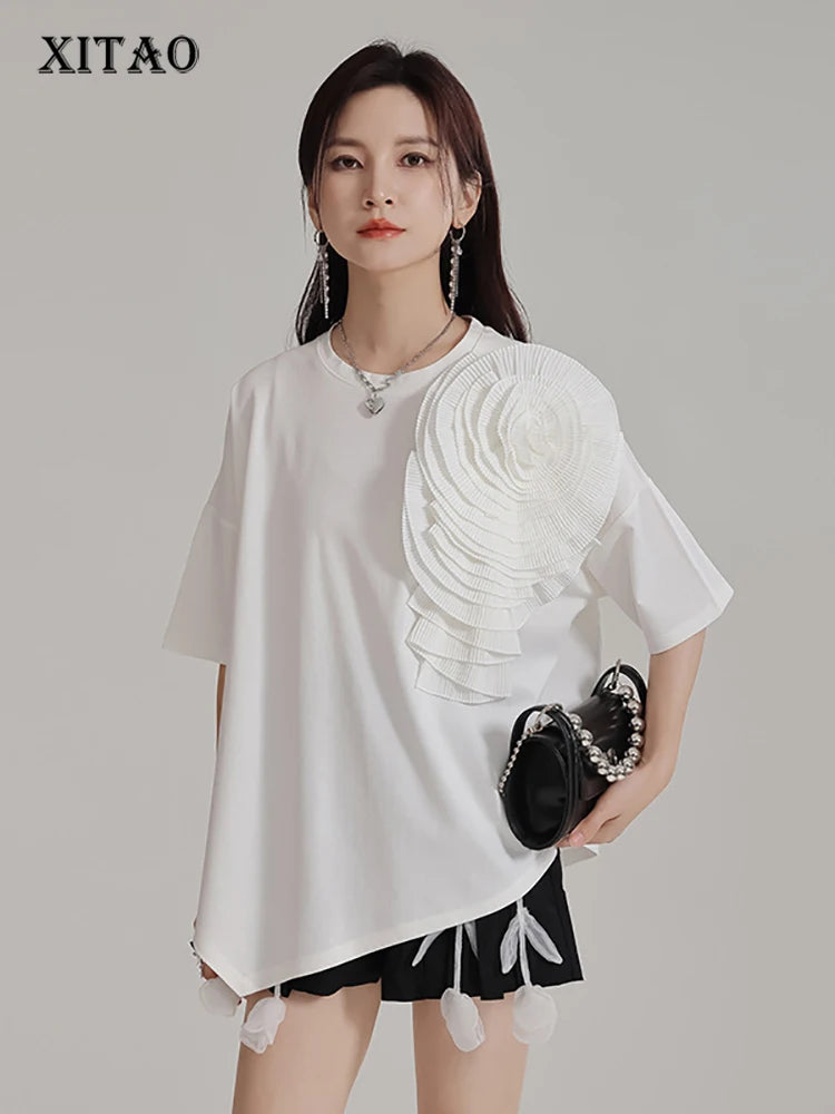 XITAO Three-dimensional Flower Short Sleeve T-Shirt Irregular Loose Pullover Fashion Round Neck Solid Color Women Top LYD1830