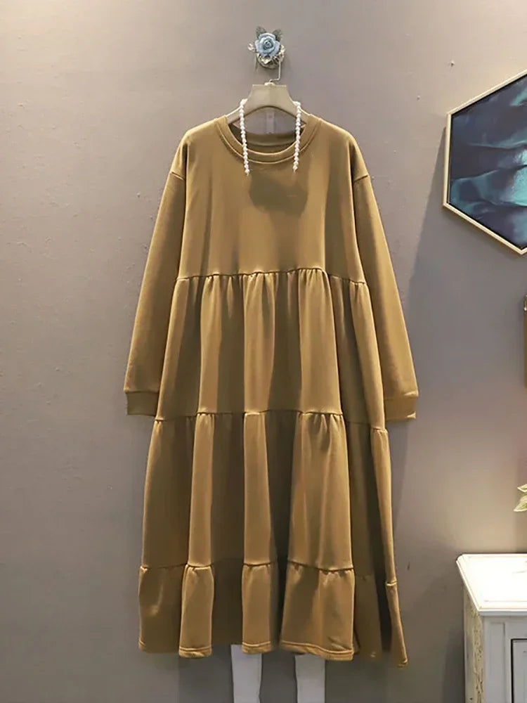 XITAO Spring Casual Long Sleeve Dress Solid Color Simplicity Splicing O neck Collar Pullover Loose Trendy All-match Women ZY3953