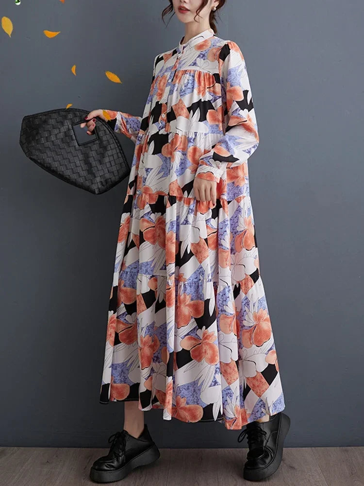 XITAO Cartoon Print Dress Stand Collar Casual Fashion Long Sleeve Women Casual Simplicity New Long Style Shirt Dress DMJ3614