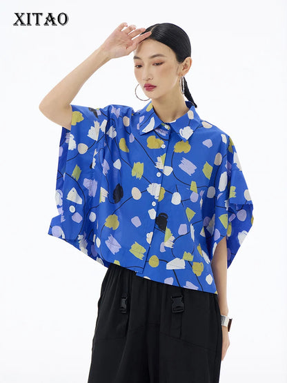 XITAO Bat Wing Sleeve Print Shirt Loose Fashion Contrast Color Casual Women Top 2024 Summer Simplicity All-match Shirt ZY8826