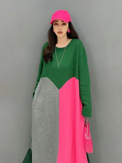 XITAO Contrast Color Patchwork Dress Fashion Asymmetrical Women Causal Long Sleeve Pullover Dress Spring Autumn New HQQ1925