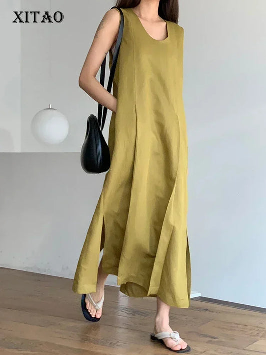 XITAO Loose Casual Simplicity Sleeveless Side Split Dress O-neck Solid Color Summer Women New All-match Dress DMJ1942