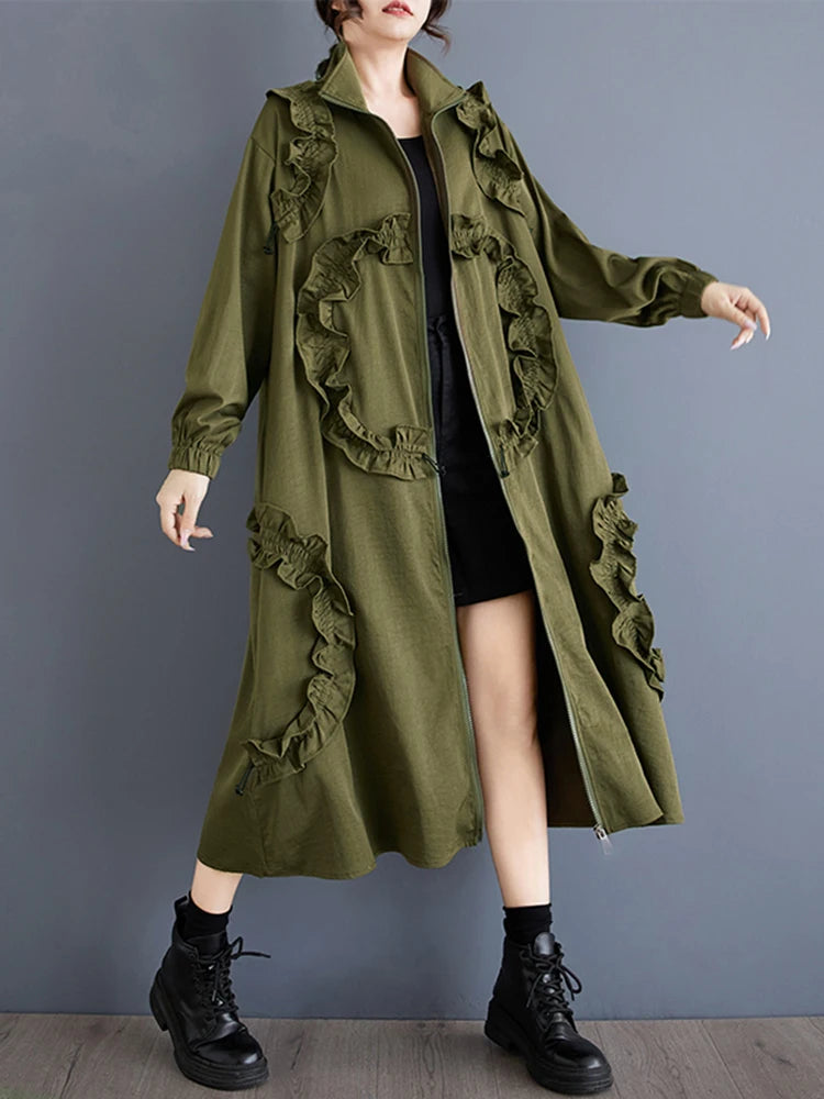 XITAO Fashion Casual Solid Color Temperament Female Trench Irregular Long Sleeve High Collar A-line Autumn Women Coat ZYY1054