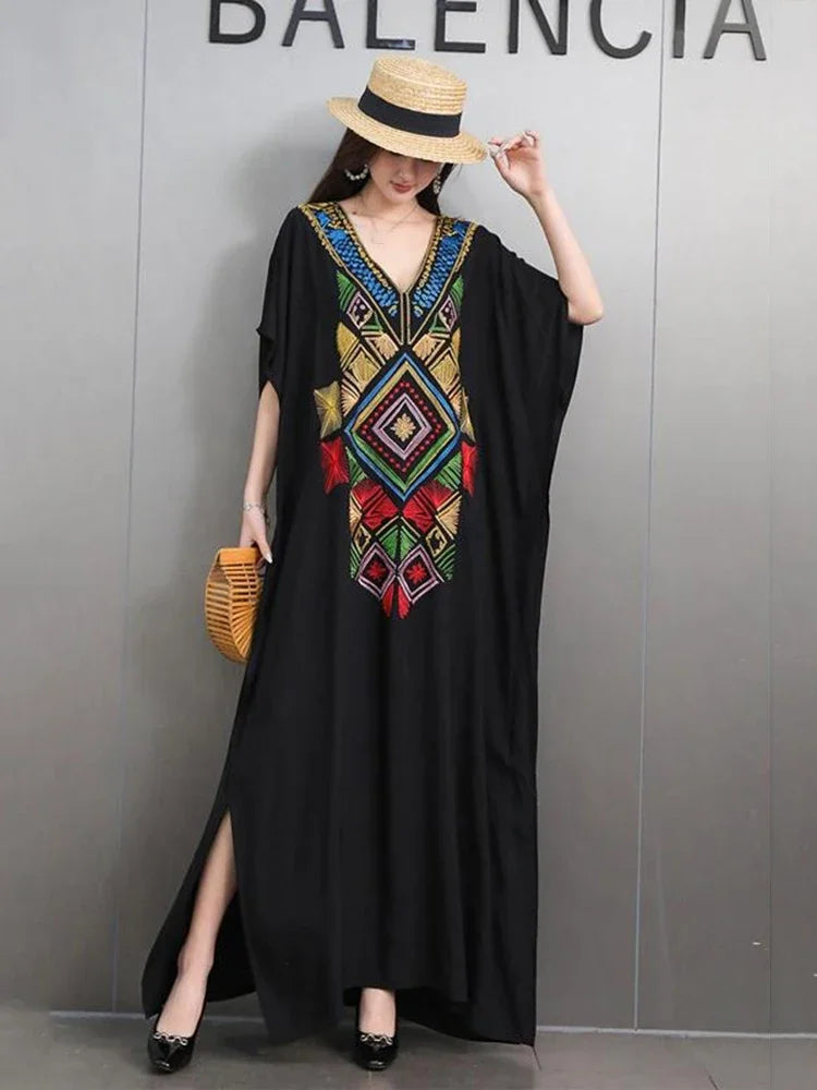 XITAO Embroidery Patchwork V-neck Side Split Dress Contrast Color Loose Ankle-Length Slimming Fashion All Match Casual GMM1240