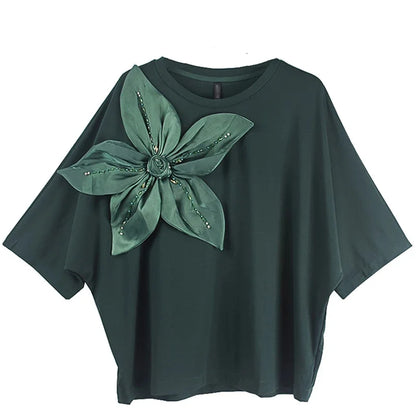 XITAO Loose Half Sleeve Female T-shirt Floral Temperament Diamonds Decoration Women Summer New Casual Simplicity Top HJH31387