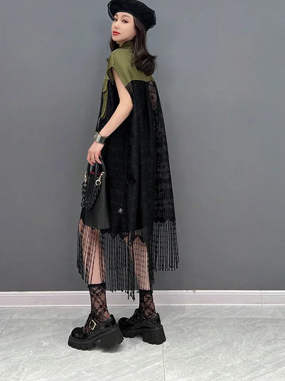 XITAO Mesh Dress Fashion Patchwork Small Fresh Single Breasted Goddess Fan Summer Minority Loose Elegant Dress ZY7350