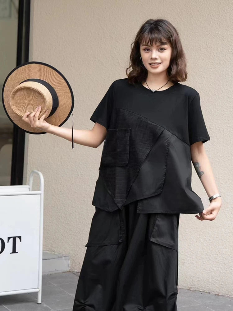 XITAO Gauze Patchwork Short Sleeve T-shirts O-neck Solid Color Pullover Loose Casual Tops Summer New All Match GJ1055