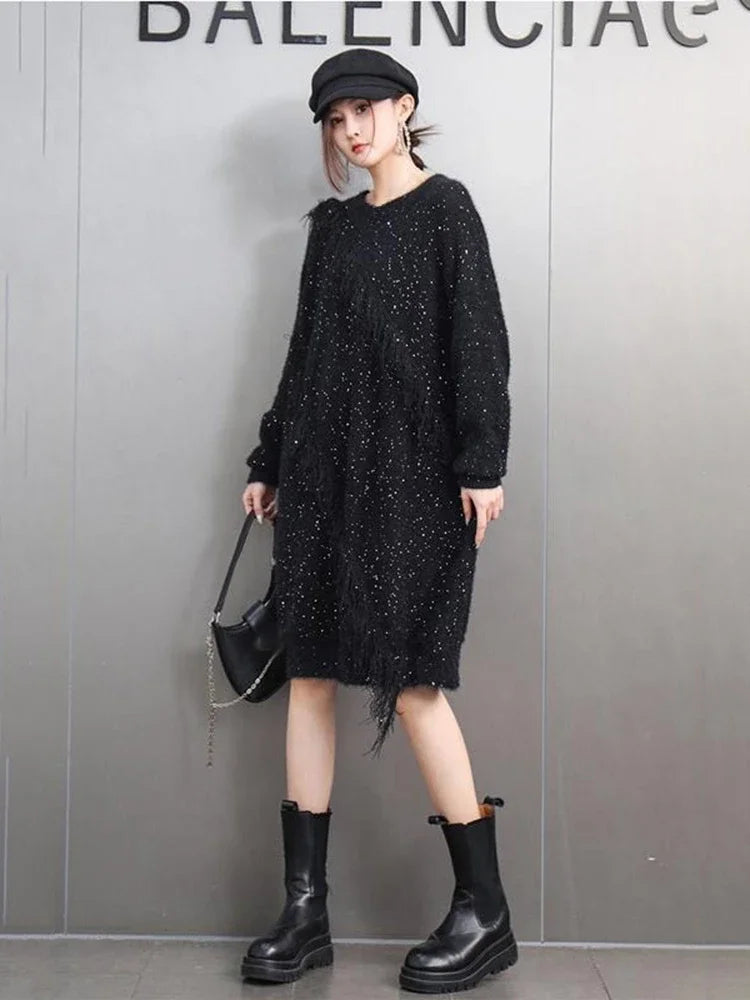 XITAO Sequin Patchwork Tassels Pullover Knitting Dress Solid Color Loose Casual Personality Temperament Slimming Dress GMM1339