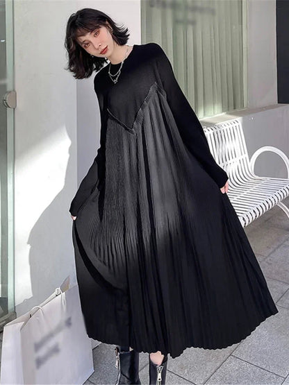 XITAO Black Patchwork Pleated O-neck Loose Pullover Dress 2024 Spring New Arrival Casual Fashion Temperament All Match GJ1010