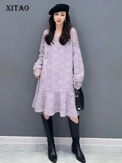 XITAO O-neck Patchwork Lace Dress Temperament Advanced Sense Slimming Loose Fashion 2024 Spring Women New Dress DMJ3289