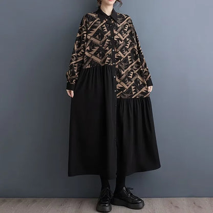 XITAO Asymmetrical Patchwork Print Shirt Dress Turn Down Collar Single Breasted Long Sleeve Autumn A-line Women New HQQ2174