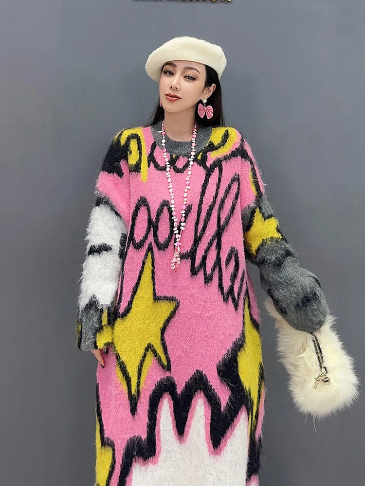 XITAO Long Sleeve Printing Knit Dress Contrast Color Fashion Simplicity Loose Casual Women Long Sweater Dress Winter New DMJ3813