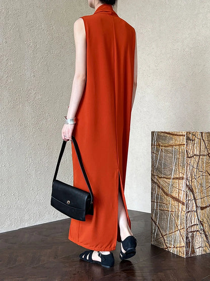 XITAO Solid Color Temperament Sleeveless Female Dress Deep V-neck Folds Casual Loose Long Dress Summer New Women GJ1066