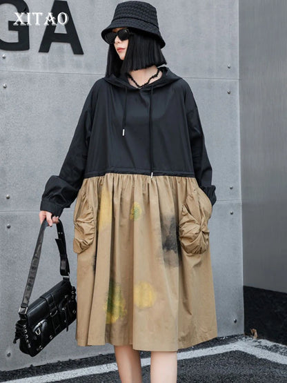 XITAO Loose Fashion Patchwork Female Dress Pullover Hooded Casual Pocket Fold Drawstring Waist Women Mid-calf Dress GYX1083