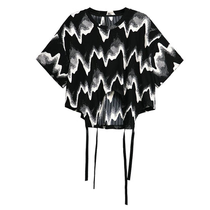 XITAO Irregular Drawstring T-shirt Wavy Pattern Contrast Color Fashion Casual Top 2024 Summer New Women Loose T-shirt WLD20246