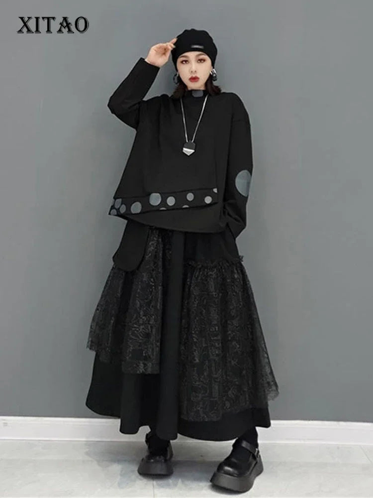 XITAO Irregular Mesh Patchwork Skirt Women Fashion Black Casual Patchwork A-line Ankle-length Skirt Loose New GWJ1711