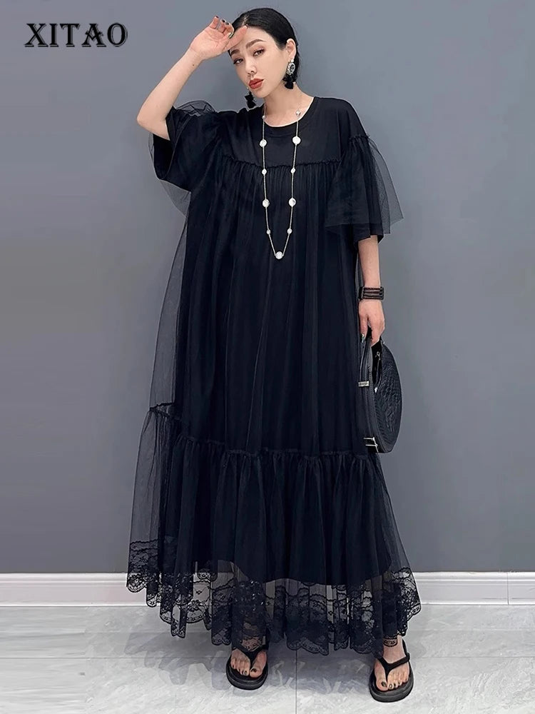 XITAO Black Gauze Patchwork O-neck Pullover Dresses Short Sleeve Loose Temperament Slimming Summer New All Match ZY8865