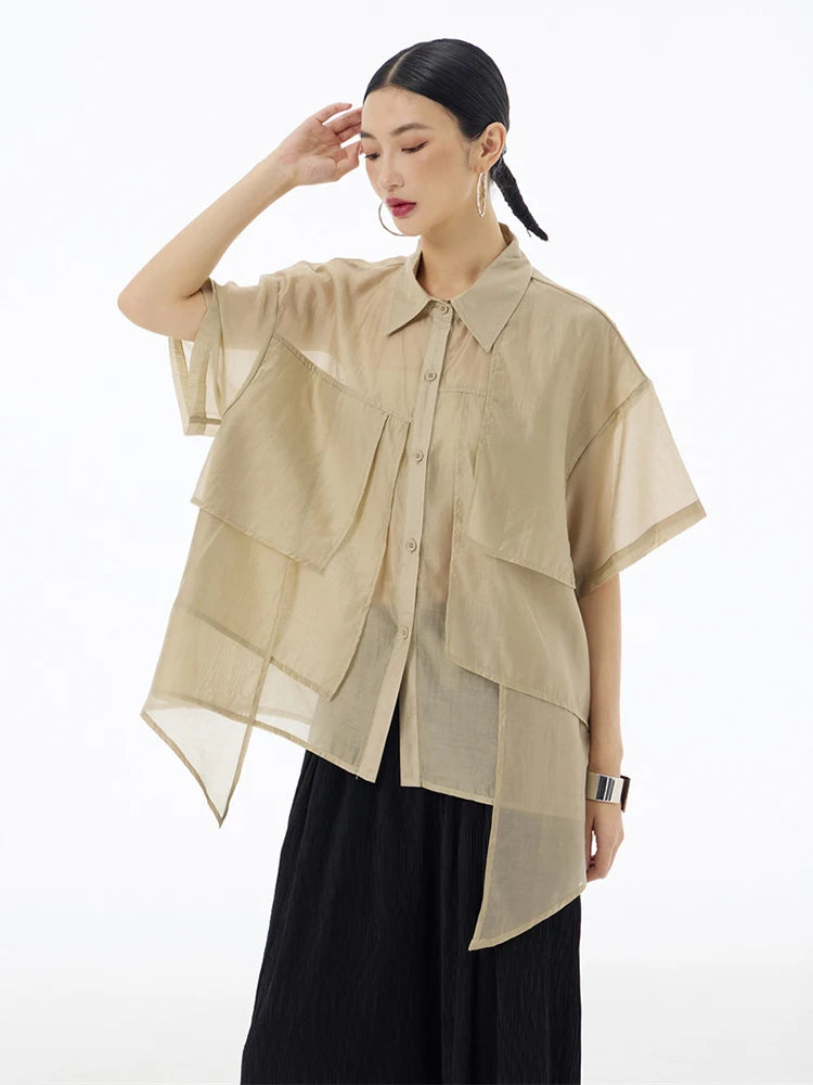 XITAO Irregular Patchwork Shirt Solid Color Loose Fashion Personality Casual Women Top 2024 Summer Street Trendy Shirt ZY8823