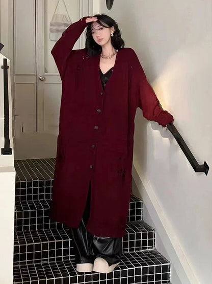 XITAO Hollow Out V-neck Single Breasted Cardigan Solid Color Long Sleeve Loose Fashion Casual All Match Coat 2024 Autumn GJ1115