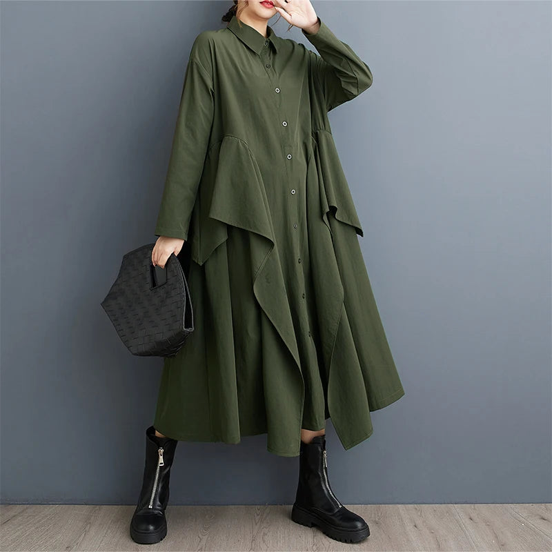 XITAO A-line Solid Color Mid-calf Casual Full Sleeve Dress New Arrival Patchwork Printing Sweet Autumn Female Dress GMM1022