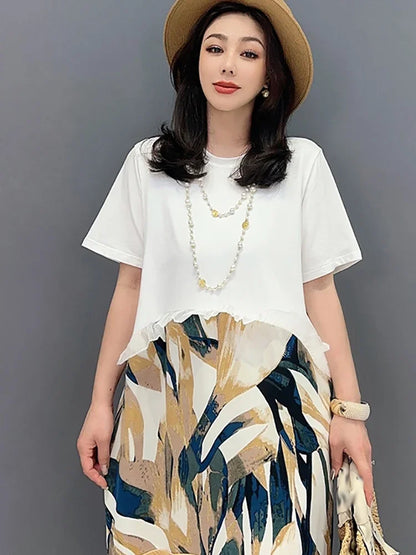 XITAO Patchwork Print Dress Contrast Color Pullover Loose Show Thin Summer New Arrival Casual Fashion All Match DMJ1055