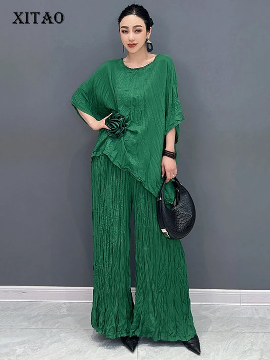 XITAO Loose Folds Floret Two Piece Set Temperament All-match Top Women Summer New Casual Irregular Wide Leg Pants HQQ2358