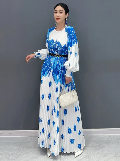 XITAO Contrast Color Pleated Print Dress Fashion Loose Lantern Sleeve Women Autumn New Simplicity Temperament Dress WLD20236