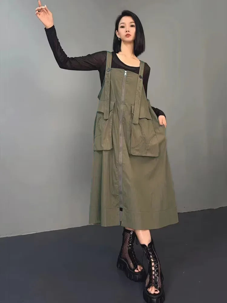 XITAO Solid Color Spaghetti Strap Female Dress Loose 2024 Autumn Square Collar Casual Women Mid-calf Sleeveless Dress HQQ2400