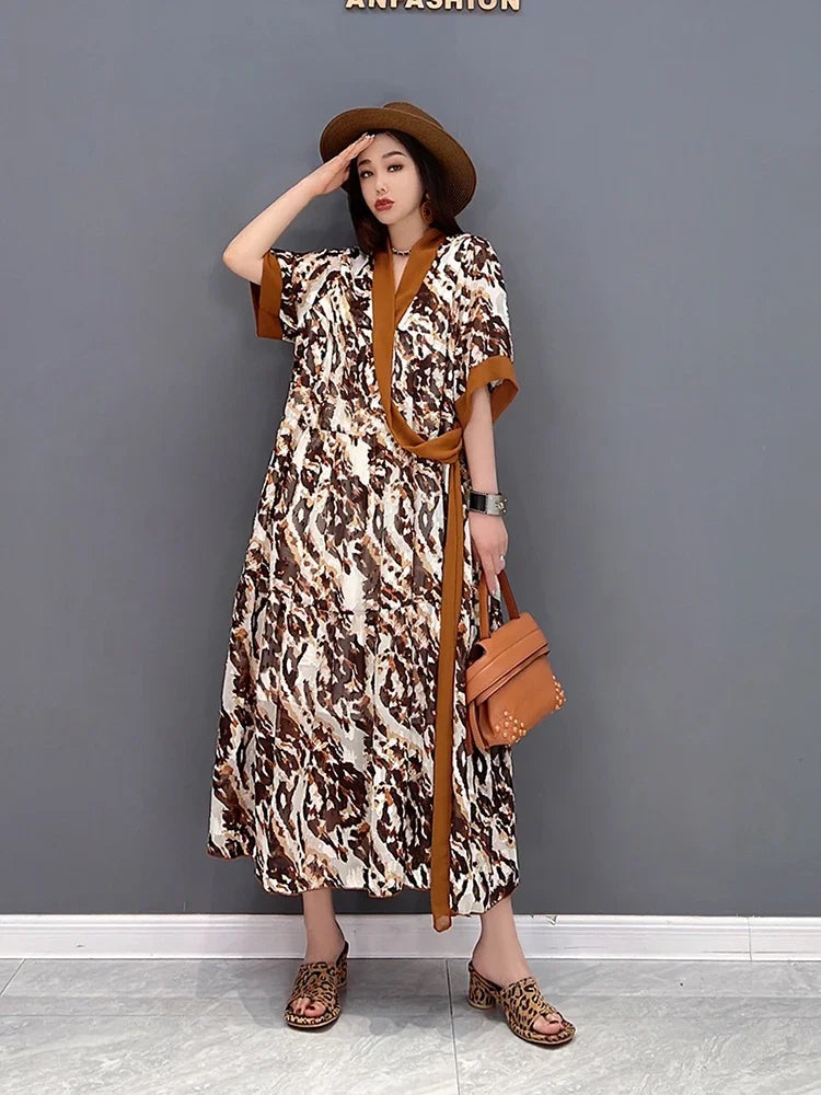 XITAO Fashion Print Dress Loose Casual Splicing V-neck Bandage Pullover New Dress Simplicity Temperament Women WLD7658