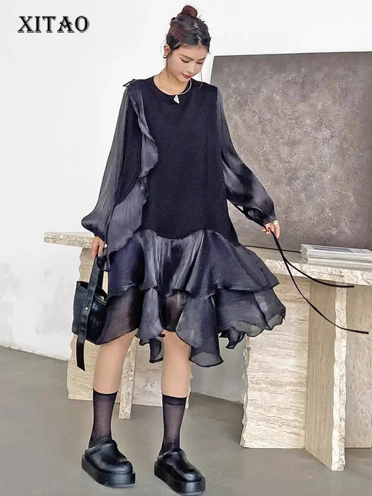 XITAO Casual A-line Solid Color O-neck Full Sleeve Dress Irregular Grace Fashion Slimming Ruffles Autumn Women Dress HQQ2416