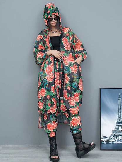 XITAO Asymmetrical Zipper Floral Hooded Pant Sets Pocket Patchwork Long Tops Elastic Waist Harem Pants 2024 Summer New WLD20157