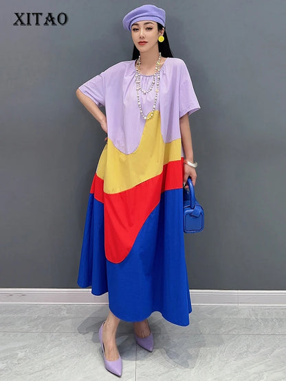 XITAO Loose Patchwork O-neck Female Dress Fashion Contrast Color Women Summer New Casual Irregular Simplicity Dress ZY8757