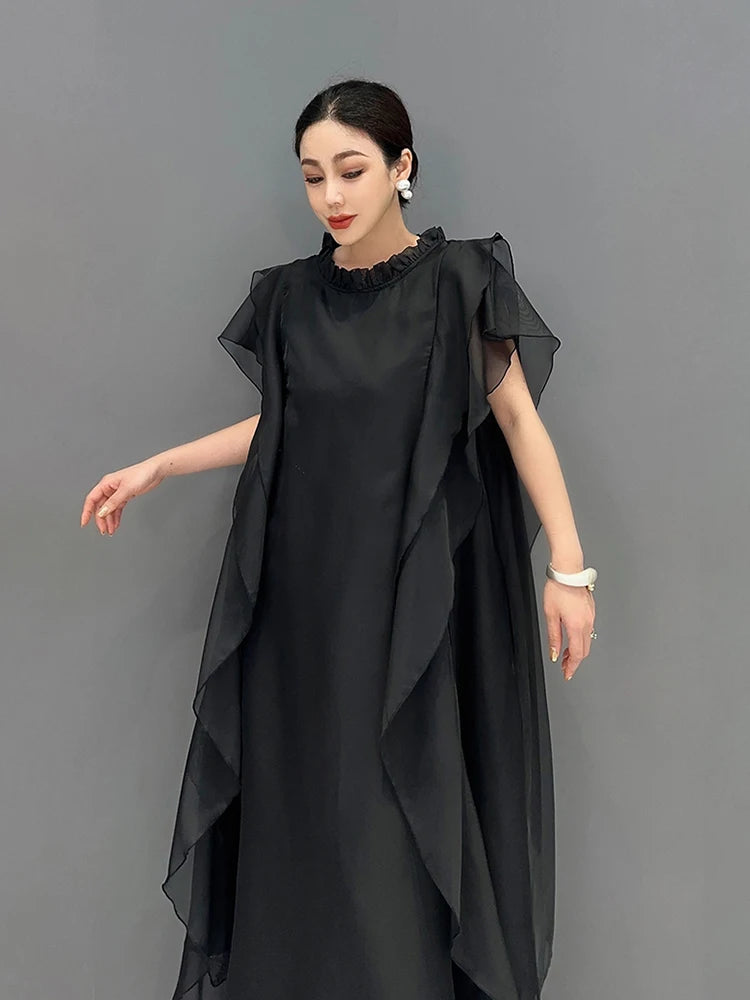 XITAO Black Sleeveless Flounced Edge Dress Loose Fashion Simplicity Temperament Women O-neck Summer New Dress WLD20144