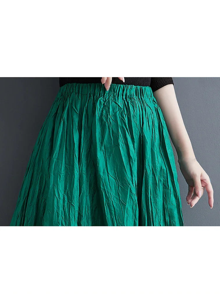 XITAO Solid Color Folds Elastic Waist Skirts Loose Casual Ankle-length Autumn New Arrival Show Thin All Match HQQ1552