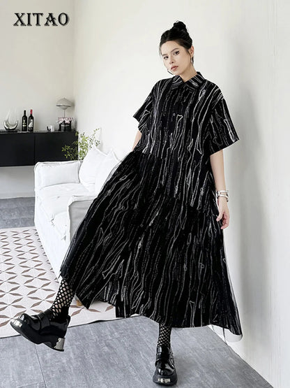 XITAO Asymmetrical Gauze Splicing Shirt Dress Fashion Striped Sprint Women Shirt Sleeve Loose Turn-down Collar Dress WLD20197