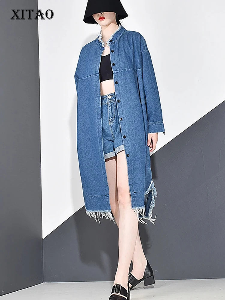 XITAO Casual Denim Tassel Trench Simplicity Loose Spring New Fashion Stand Collar Match All Women Clothes Women Coat KY655