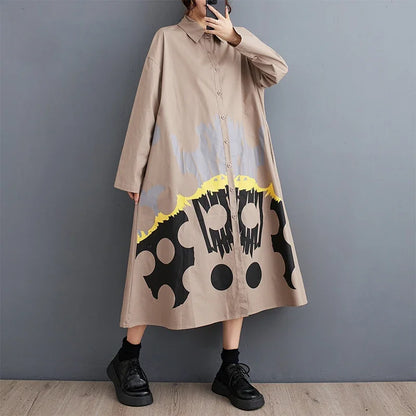 XITAO Casual Print Shirt Dress Loose Fashion Long Sleeve Turn-down Collar Women 2024 Initial Spring New Shirt Dress LYD1472