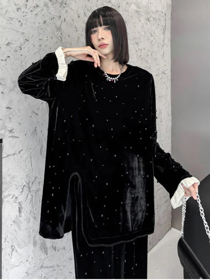 XITAO Embroidered Flares Velvet Top Half Skirt Two Piece Set O-neck Pullover Split Top Elastic Waist Ankle Length Skirt GYX1063