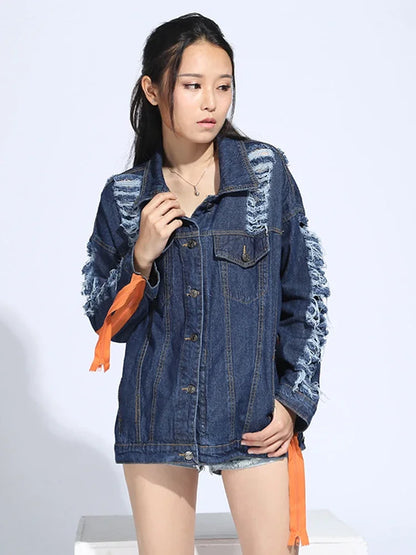 XITAO Women Denim Jacket Wide Waisted Turn Down Collar Print Letter Pattern Single Breasted Korea Fashion Wild Joker  CNM001