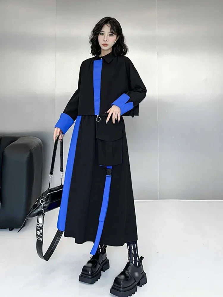 XITAO Contrast Color Patchwork Dress Sets Zipper Turn-down Collar Tops Elastic Waist Pocket Mid-calf Casual Skirts Autumn LJ1025