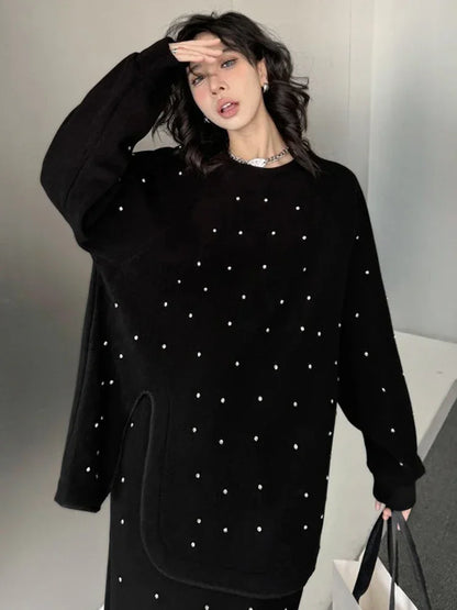 XITAO Korean Casual Two Piece Sets Loose Embroidered Flares O-neck Long Sleeve Top Elastic Waist Loose Skirt Autumn ZYY1002