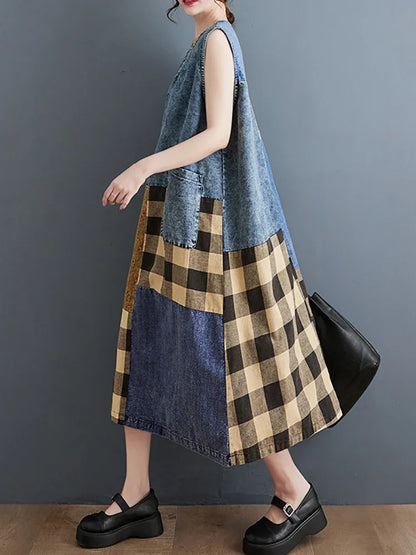 XITAO Sleeveless Denim Plaid Dress Fashion Simplicity V-neck Pullover Vintage Patchwork Dress Summer New Women HQQ1088