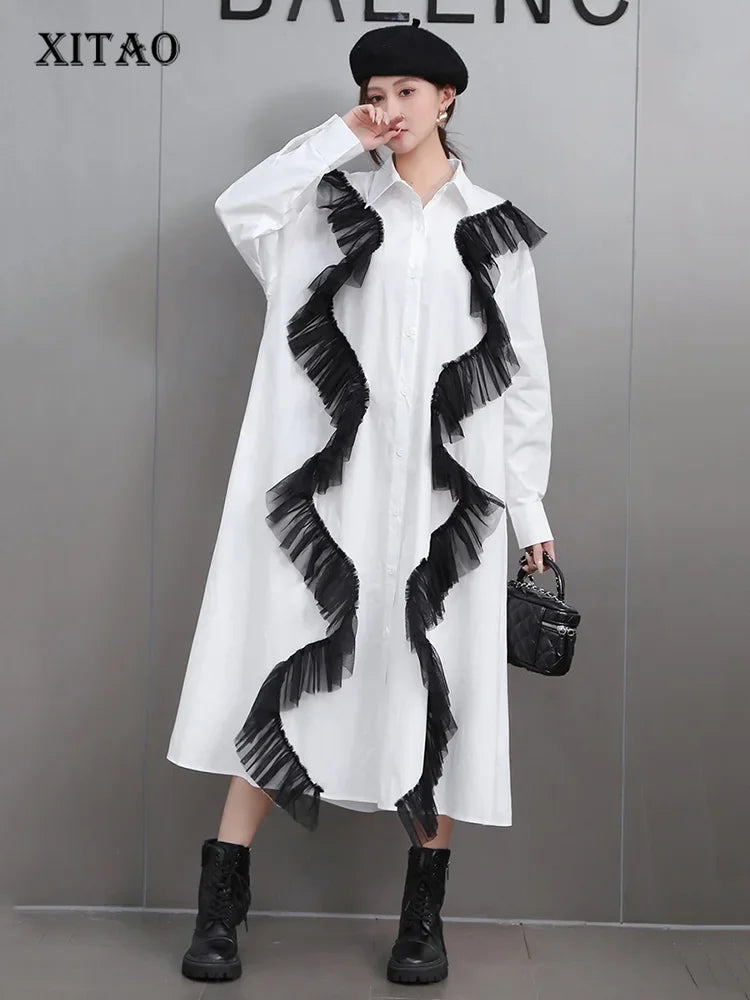 XITAO Patchwork Mesh Trendy Style Full Sleeve Dress A-line Turn-down Collar Fashion Personality Autumn Female Dress GMM1163