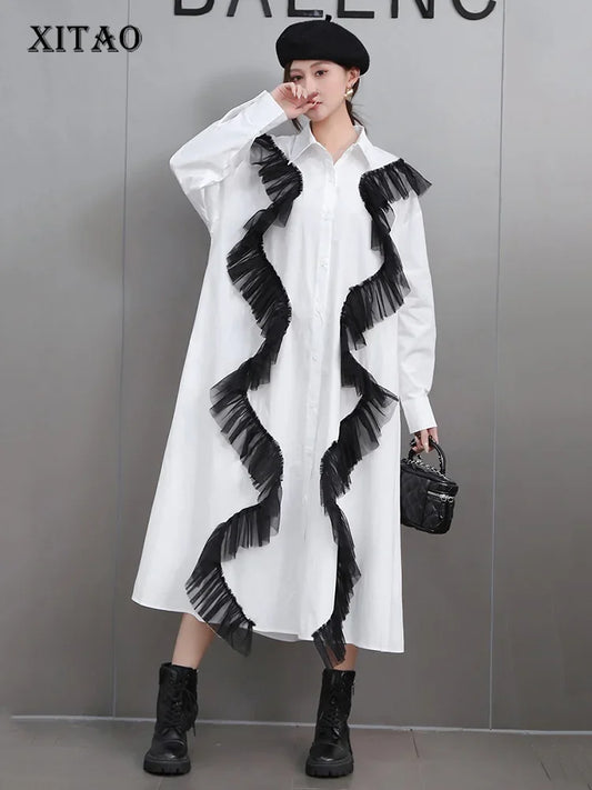 XITAO Patchwork Mesh Trendy Style Full Sleeve Dress A-line Turn-down Collar Fashion Personality Autumn Female Dress GMM1163