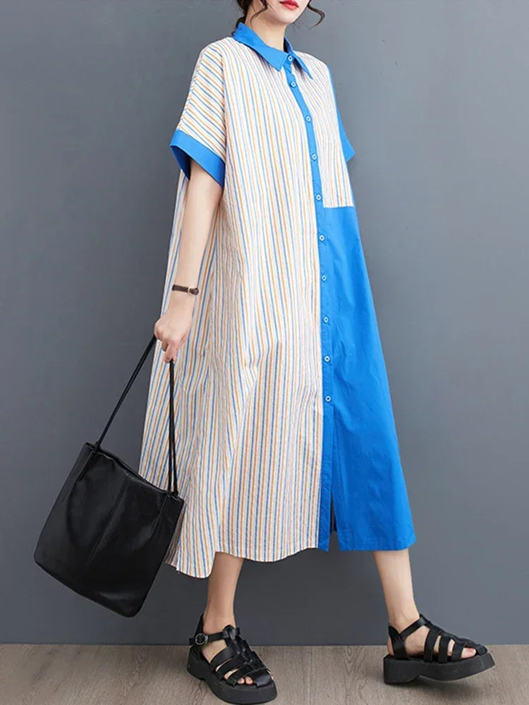 XITAO Striped Dress Fashion Women Goddess Fan Single Breasted Goddess Fan Casual Style Loose Summer Elegant Dress WLD11528