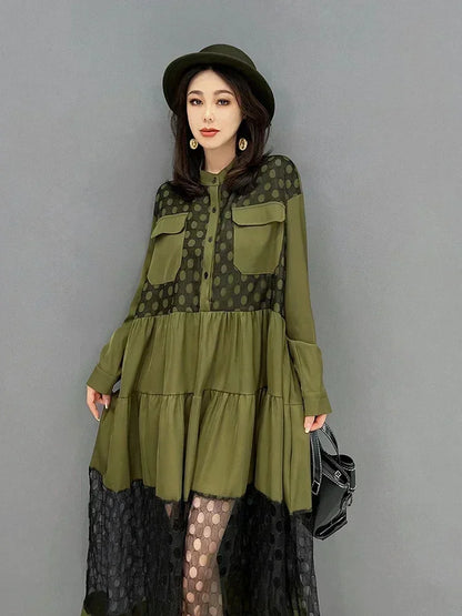 XITAO Fashion Mesh Patchwork Dress Loose Fashion Contrast Color Perspective Dot Pattern Lace Stand Collar Shirt Dress ZY7438